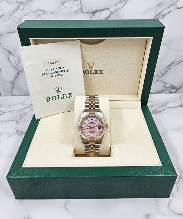 MINT Gents Steel & Gold Rolex Datejust Pink MOP Diamond Dial with Box & Papers. - Image 8