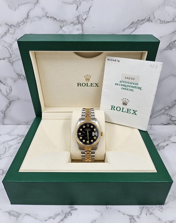 Gents Steel & Gold Rolex Datejust 16233 Black Diamond Dial with Box and Papers. - Image 7
