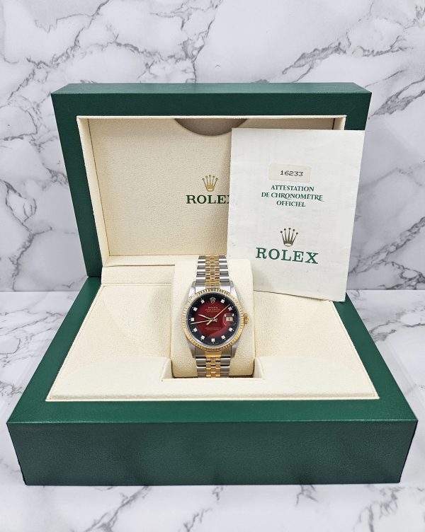 Gents Rolex Datejust in Steel & Gold - Factory Red Vignette Diamond Dial - Box and Papers. - Image 7