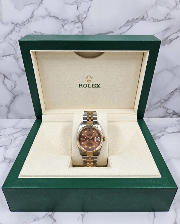 Gents Rolex Datejust in Steel & Gold with Salmon Diamond Dial - Box and Papers - Image 8