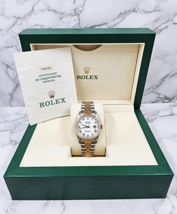 Gents Steel & 18k Gold Rolex Datejust with White Roman Numeral Dial, Box & Paper - Image 6