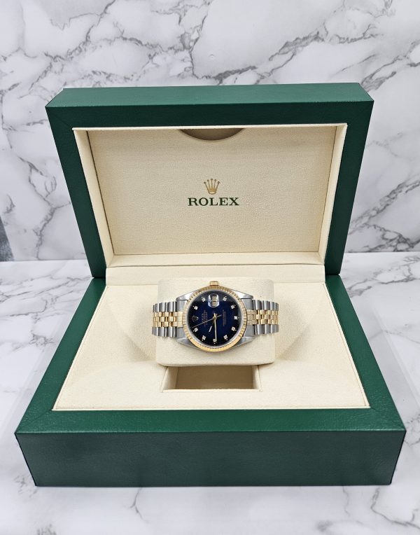 Mens Steel & Gold Rolex Datejust with Factory Blue Vignette Diamond Dial - Box and Papers. - Image 8