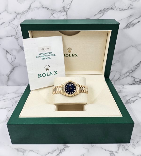 RARE Ladies 18ct Gold Rolex Datejust - Blue Vignette Diamond Dial - Box & Papers. - Image 7