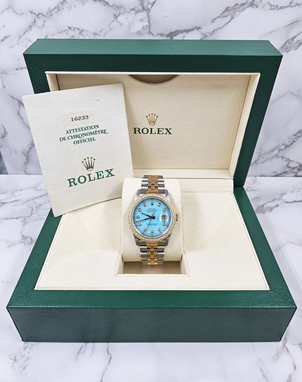 Men's Steel & Gold Rolex Datejust 16233, Tiffany Blue Diamond Dial and Bezel - Box & Papers. - Image 6