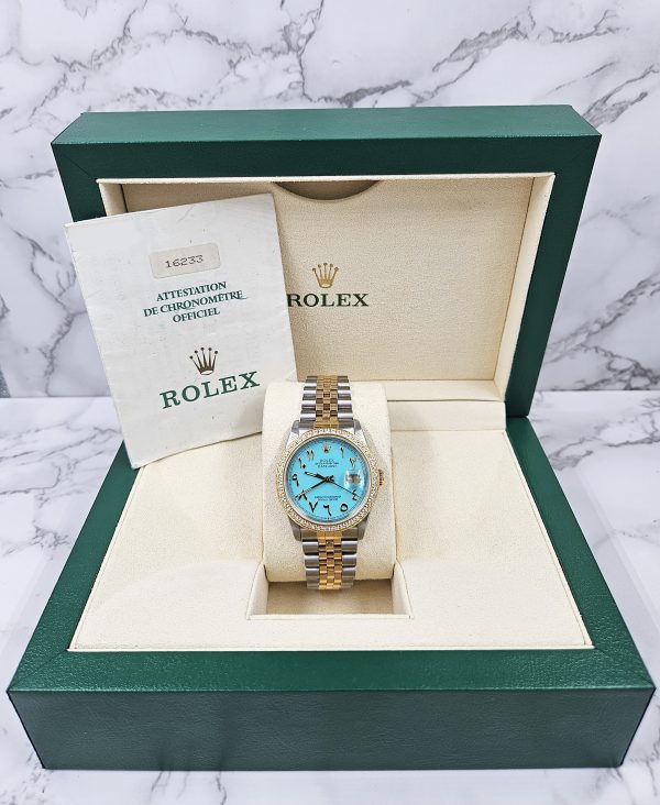 Men's Steel & Gold Rolex Datejust 16233, Tiffany Blue Arabic Dial and Bezel. Box and Papers. - Image 6