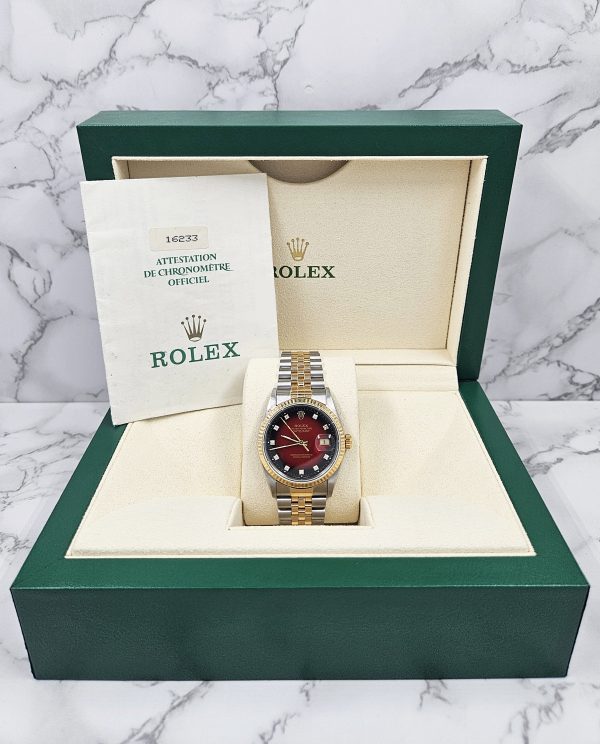 Gents Rolex Datejust in Steel & Gold - Factory Red Vignette Diamond Dial - Box and Papers. - Image 6