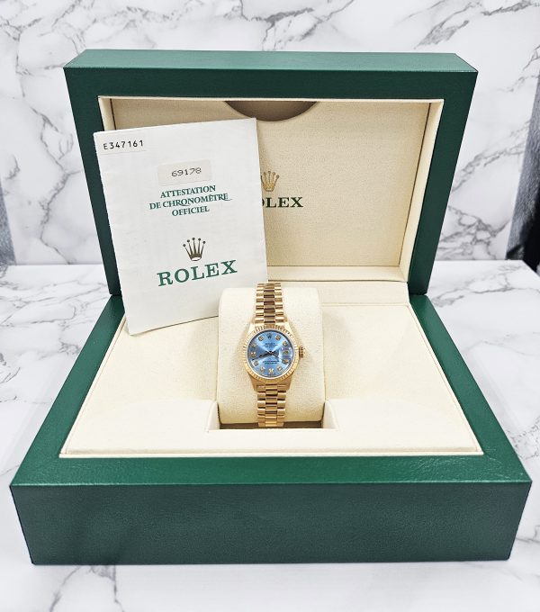 Stunning 18ct Gold Ladies Rolex Datejust - Blue Diamond Dial - Box and Papers. - Image 8