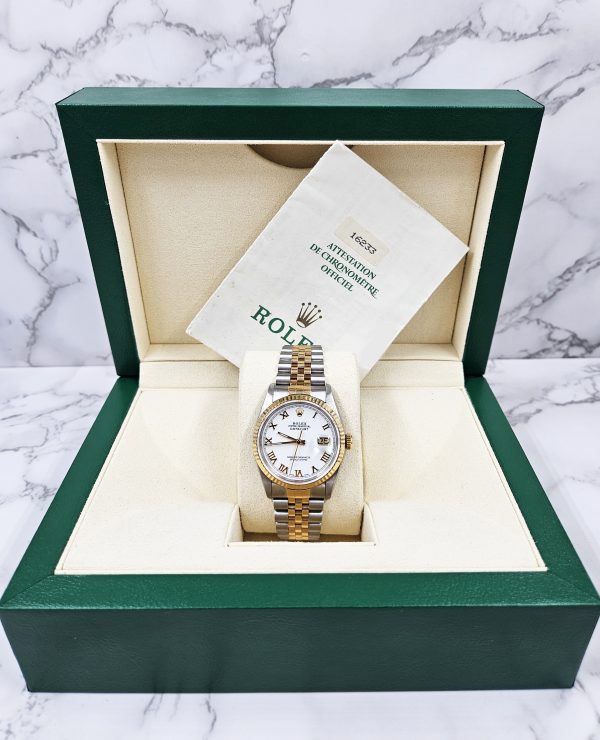 Gents Steel & 18k Gold Rolex Datejust with White Roman Numeral Dial, Box & Paper - Image 8