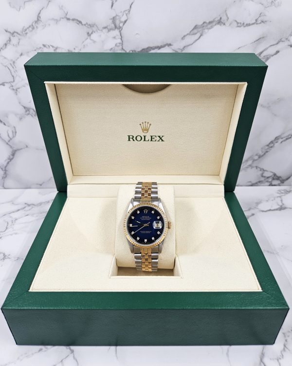 Mens Steel & Gold Rolex Datejust with Factory Blue Vignette Diamond Dial - Box and Papers. - Image 9