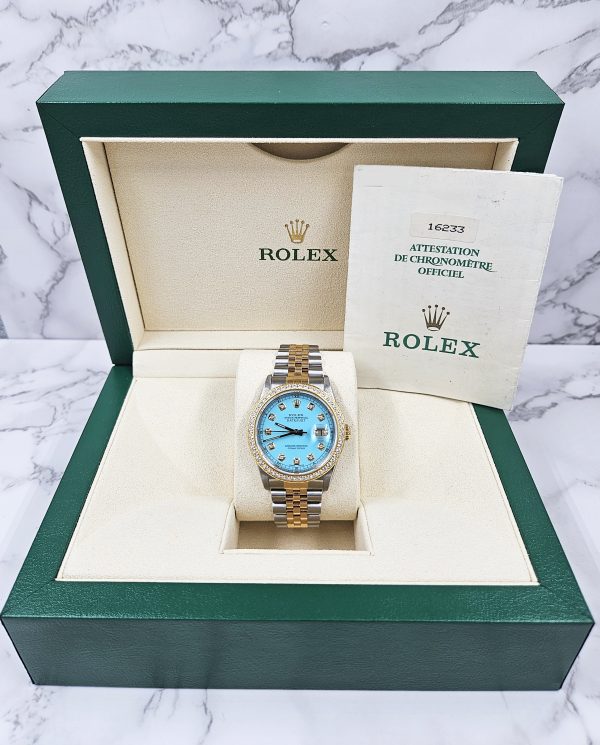 Men's Steel & Gold Rolex Datejust 16233, Tiffany Blue Diamond Dial and Bezel - Box & Papers. - Image 7