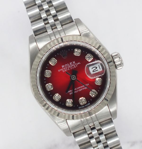 Ladies Steel & White Gold Rolex Datejust 69174 Red Diamond - with Box & Papers