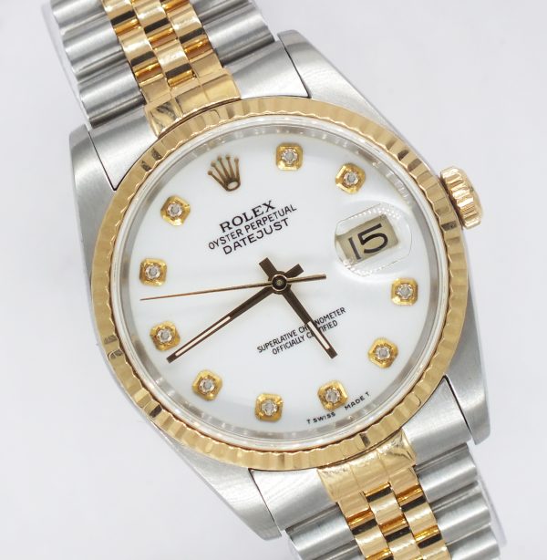 Gents Steel & Gold Rolex Datejust 16233 White Diamond Dial with Box and Papers.