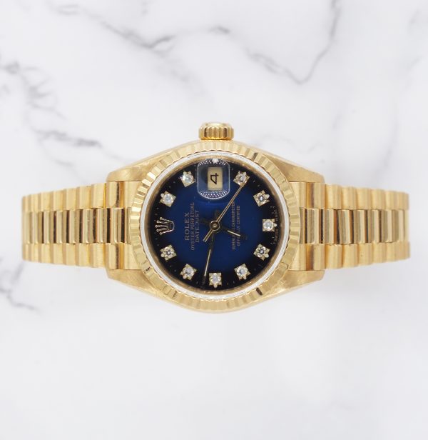 MINT Ladies 18ct Gold Rolex Datejust - Blue Vignette Diamond Dial - Box & Papers - Image 2