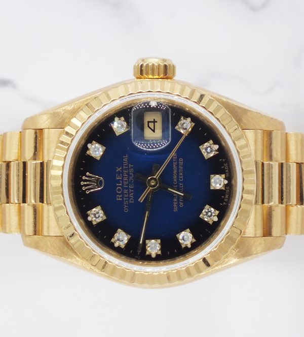 MINT Ladies 18ct Gold Rolex Datejust - Blue Vignette Diamond Dial - Box & Papers - Image 3