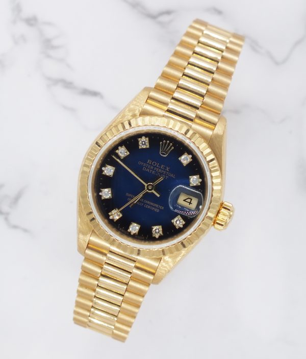 MINT Ladies 18ct Gold Rolex Datejust - Blue Vignette Diamond Dial - Box & Papers - Image 4