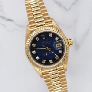 MINT Ladies 18ct Gold Rolex Datejust - Blue Vignette Diamond Dial - Box & Papers