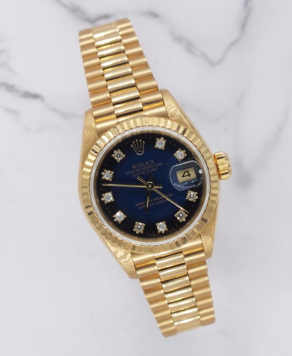 MINT Ladies 18ct Gold Rolex Datejust - Blue Vignette Diamond Dial - Box & Papers