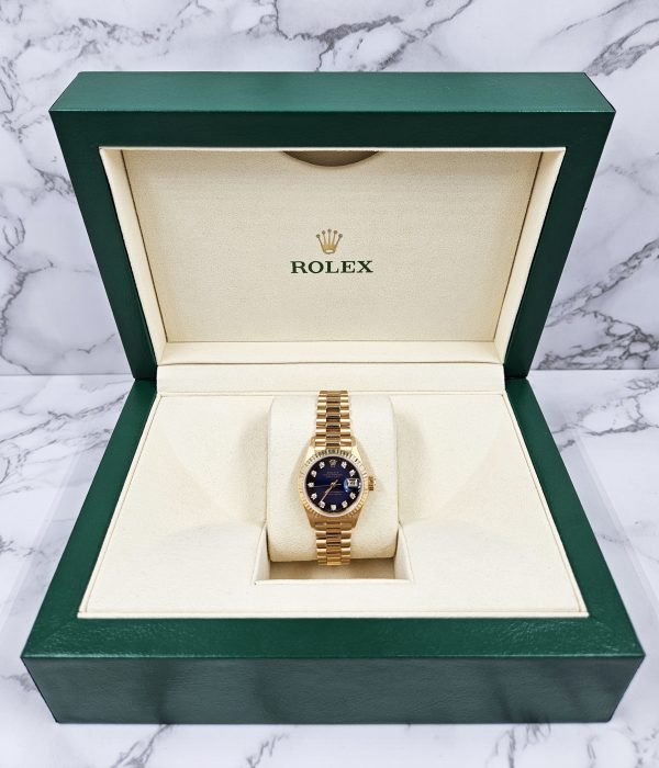 MINT Ladies 18ct Gold Rolex Datejust - Blue Vignette Diamond Dial - Box & Papers - Image 6