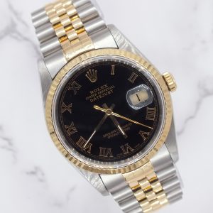 Mens Rolex Datejust in steel & gold with Black Roman Numeral Dial, Box & Paper