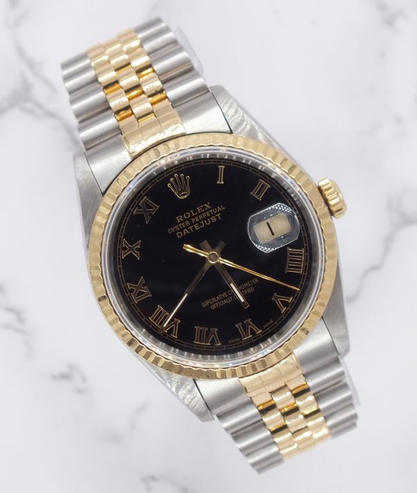 Mens Rolex Datejust in steel & gold with Black Roman Numeral Dial, Box & Paper