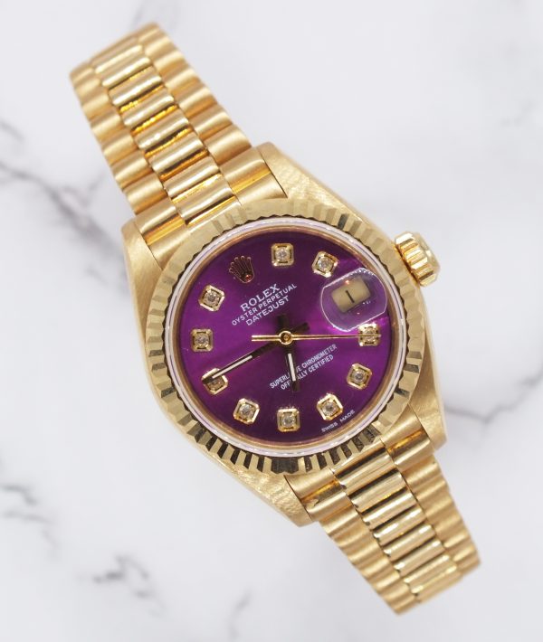Ladies 18ct Gold Rolex Datejust with 'Purple' Diamond Dial - Box & Papers - MINT