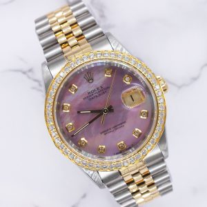 Mens Rolex Oyster Perpetual Datejust - Pink MOP Diamond & Bezel - Box / Papers.