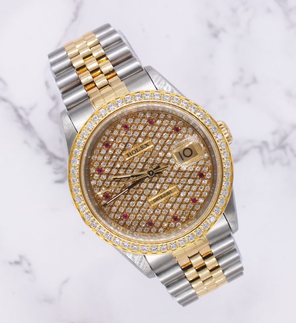 Gents Steel & Gold Rolex Datejust with Pave Ruby Dial & Diamond / Ruby Bezel.