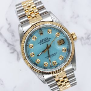 Gents Steel & Gold Rolex Datejust Blue MOP Diamond Dial with Box & Papers.