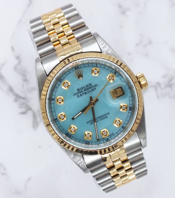 Gents Steel & Gold Rolex Datejust Blue MOP Diamond Dial with Box & Papers.