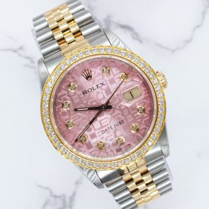 Mens Steel & Gold Rolex Datejust with Pink Jubilee Diamond Dial & Diamond Bezel