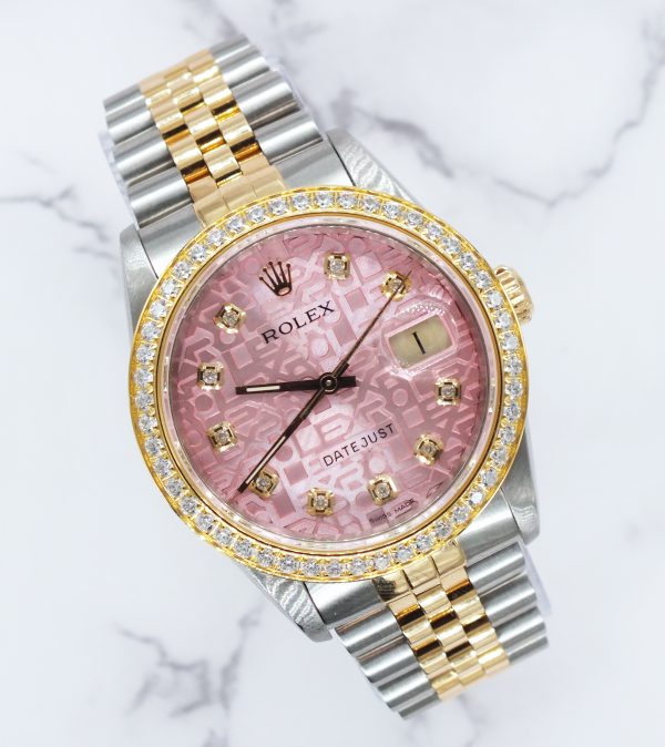 Mens Steel & Gold Rolex Datejust with Pink Jubilee Diamond Dial & Diamond Bezel