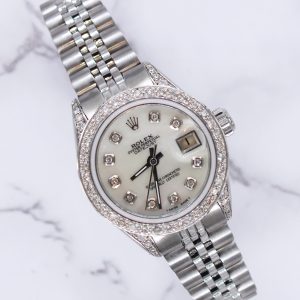 Ladies 26mm Datejust with Mother of Pearl Diamond Dial, Bezel and Shoulders – Rolex Box