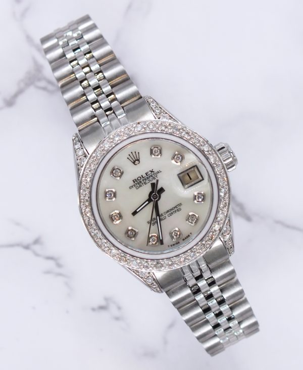 Ladies 26mm Datejust with Mother of Pearl Diamond Dial, Bezel and Shoulders – Rolex Box