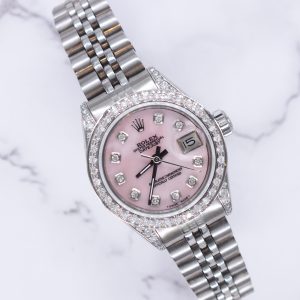 26mm Ladies Rolex Datejust with Pink MOP Diamond Dial, Bezel & Shoulders.