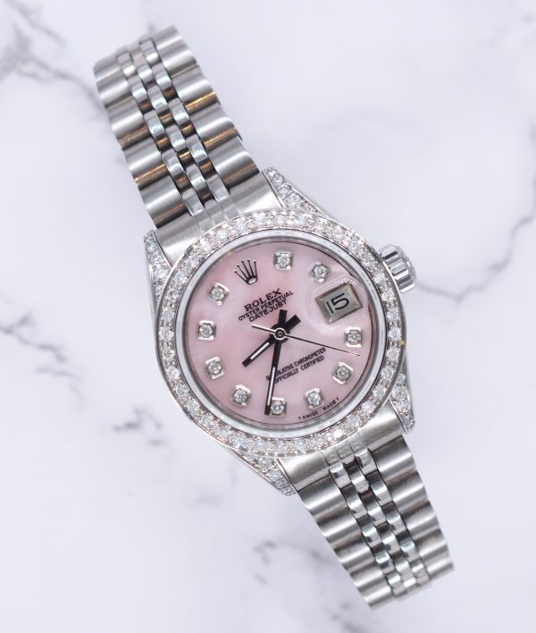26mm Ladies Rolex Datejust with Pink MOP Diamond Dial, Bezel & Shoulders.