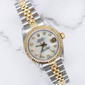 26mm Ladies Rolex Datejust with White Mother of Pearl Diamond Dial Box & Papers