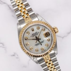Rolex Datejust 26mm in Steel & Gold with White MOP Diamond Dial - Box and Papers