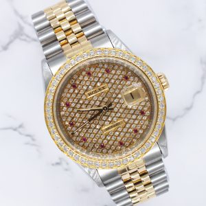 Rolex Datejust 36mm in Steel & Gold with Pave Ruby Dial & Diamond / Ruby Bezel.