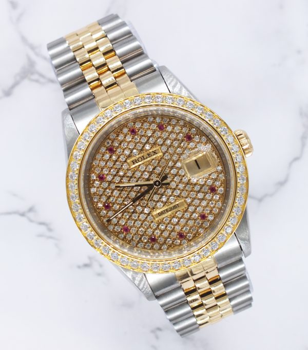 Rolex Datejust 36mm in Steel & Gold with Pave Ruby Dial & Diamond / Ruby Bezel.
