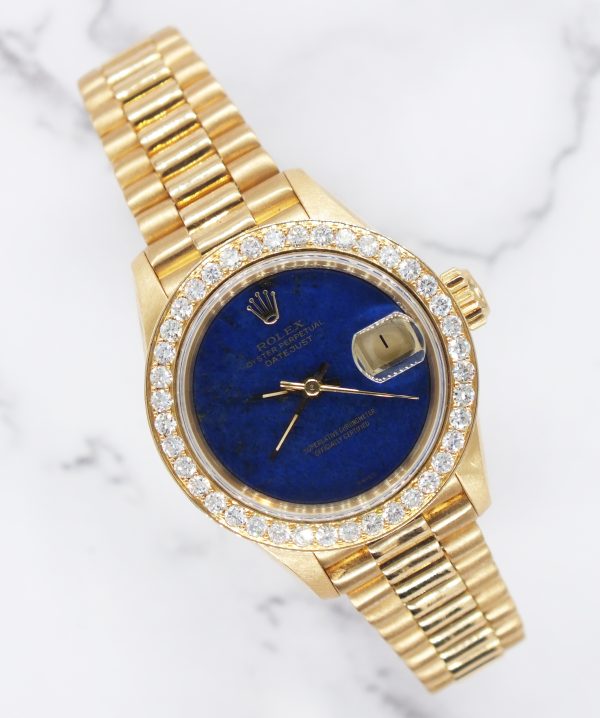 Ladies Rolex Datejust 26mm in Solid 18ct Gold with Lapis Diamond Dial & Bezel.