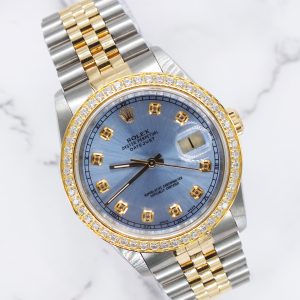 Stunning Mens Rolex Datejust - Sky Blue Diamond Dial & Bezel - Box / Papers.