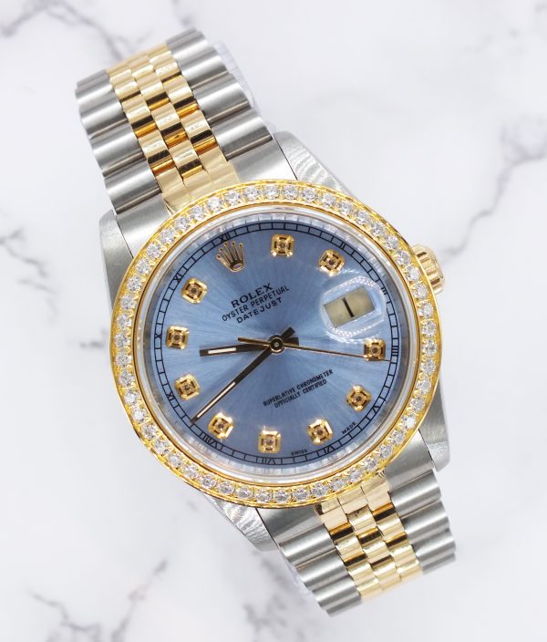 Stunning Mens Rolex Datejust - Sky Blue Diamond Dial & Bezel - Box / Papers.