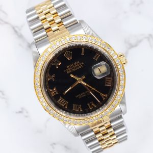 Gents Rolex Datejust 36 with Black Roman Numeral Dial / Diamond Bezel - Box & Papers.