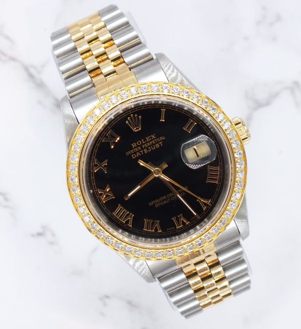 Gents Rolex Datejust 36 with Black Roman Numeral Dial / Diamond Bezel - Box & Papers.