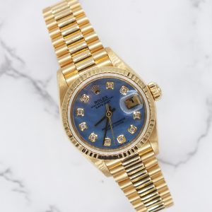 Ladies Rolex Datejust 26mm in Solid 18ct Gold with Blue MOP Dial - Box & Paper.