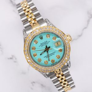 Ladies Rolex Datejust in Steel & Gold with Tiffany Blue Diamond Dial, Bezel & Shoulders.