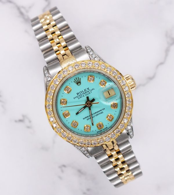 Ladies Rolex Datejust in Steel & Gold with Tiffany Blue Diamond Dial, Bezel & Shoulders.