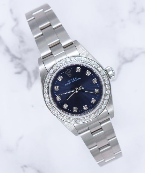 Ladies Rolex 26mm With Blue Diamond Dial and Bezel - Box & Papers.