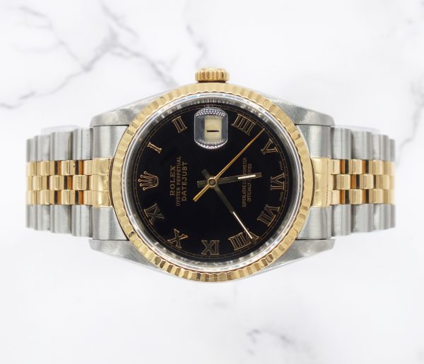 Mens Rolex Datejust in steel & gold with Black Roman Numeral Dial, Box & Paper - Image 2