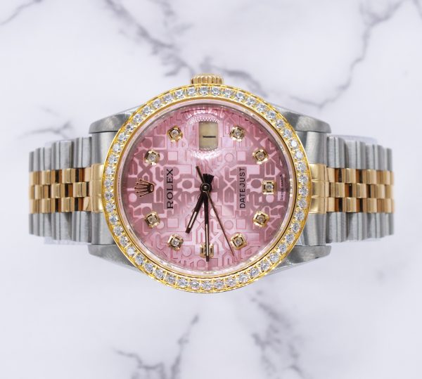 Mens Steel & Gold Rolex Datejust with Pink Jubilee Diamond Dial & Diamond Bezel - Image 2